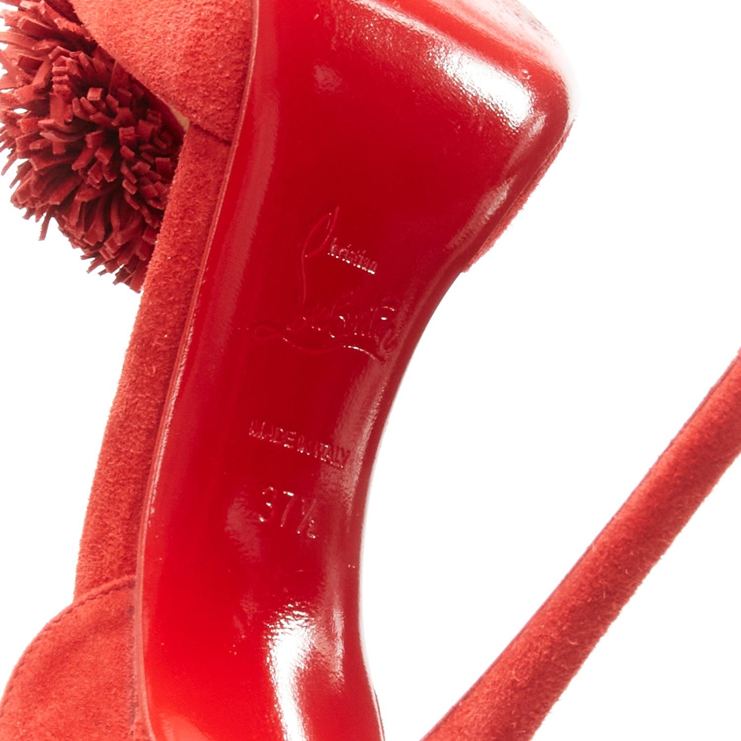 CHRISTIAN LOUBOUTIN Tsarou 100 red suede pom pom ankle strap dorsay heels EU37.5 For Sale 5