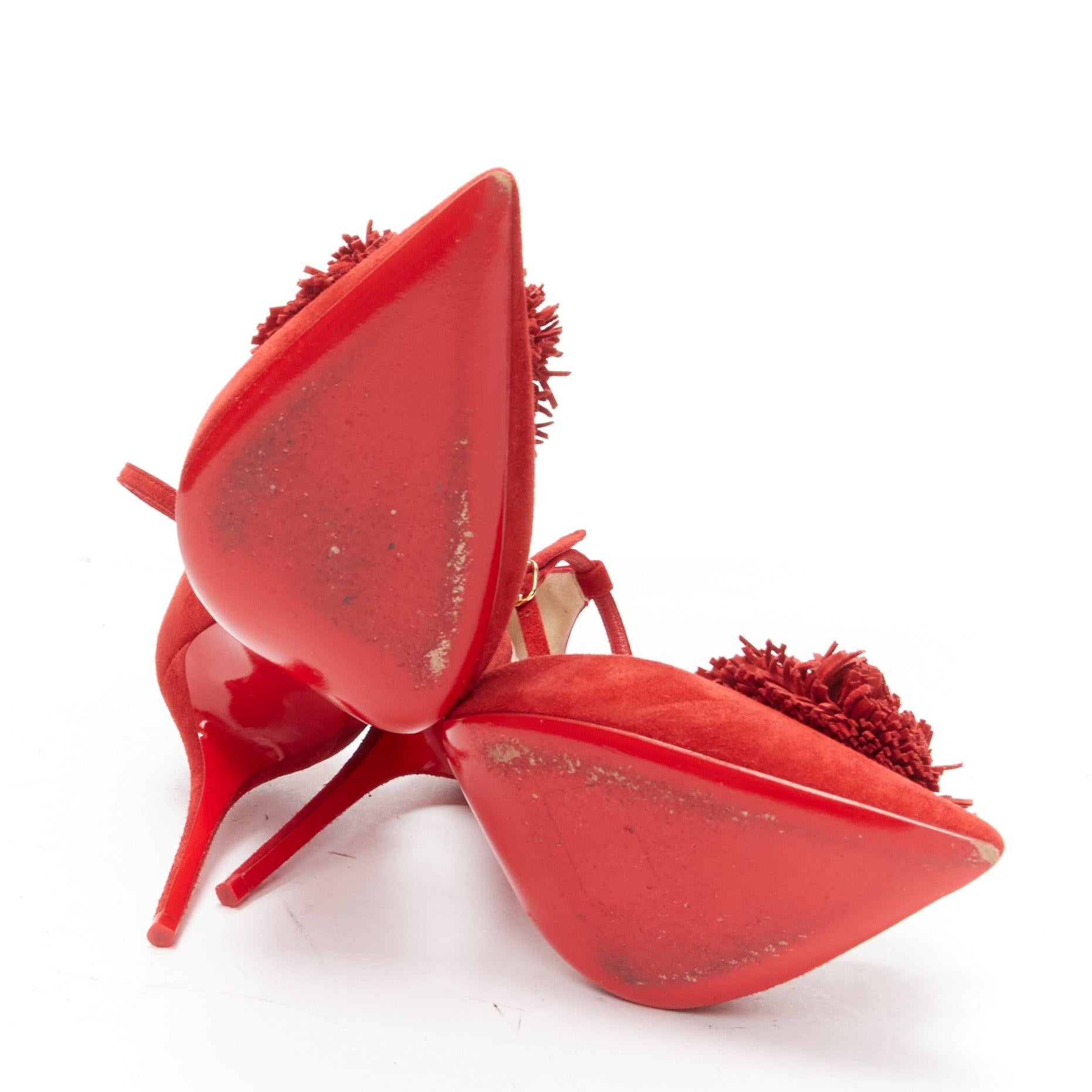 CHRISTIAN LOUBOUTIN Tsarou 100 red suede pom pom ankle strap dorsay heels EU37.5 For Sale 6