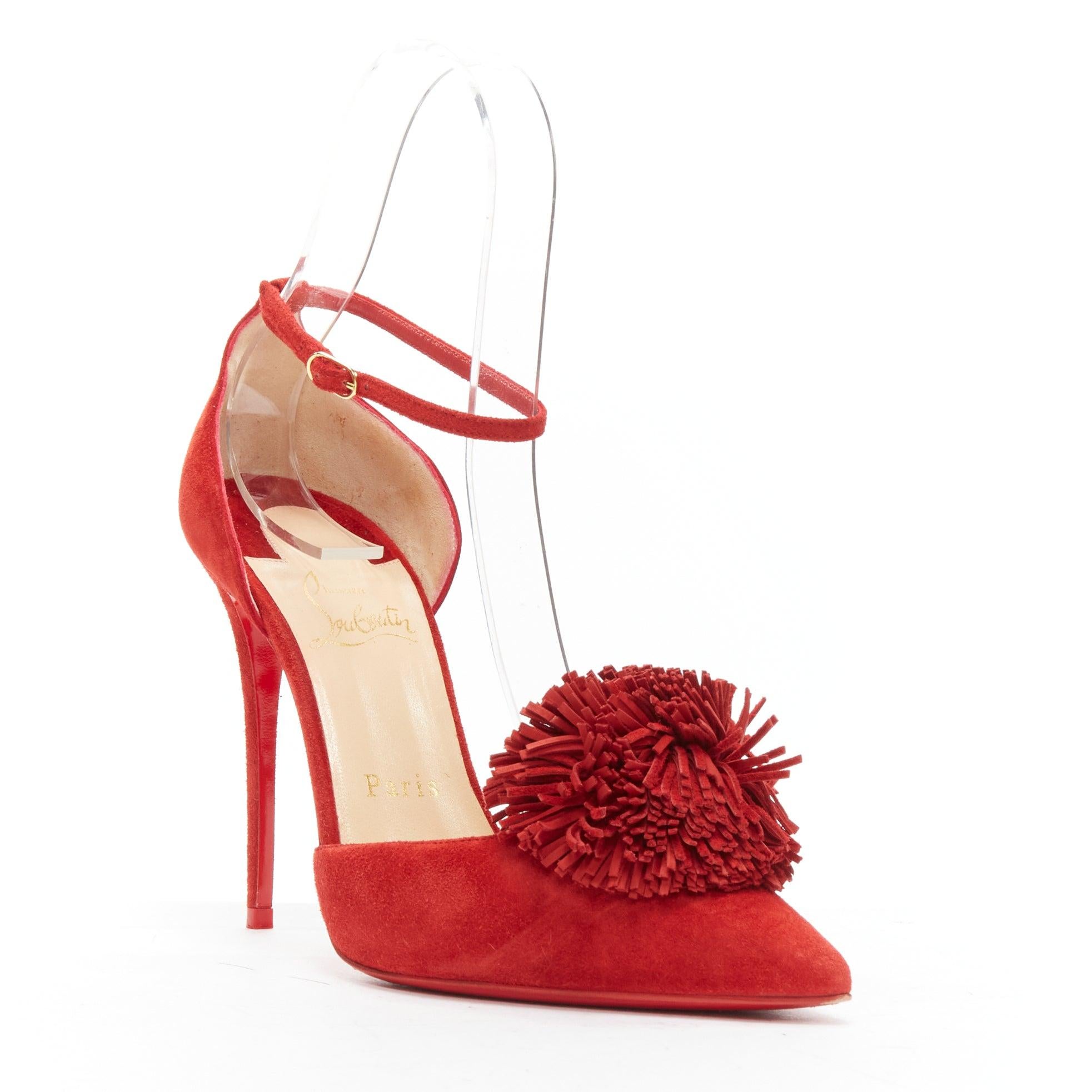 CHRISTIAN LOUBOUTIN Tsarou 100 red suede pom pom ankle strap dorsay heels EU37.5
Reference: TGAS/D00446
Brand: Christian Louboutin
Model: Tsarou 100
Material: Suede
Color: Red
Pattern: Solid
Closure: Ankle Strap
Lining: Nude Leather
Made in:
