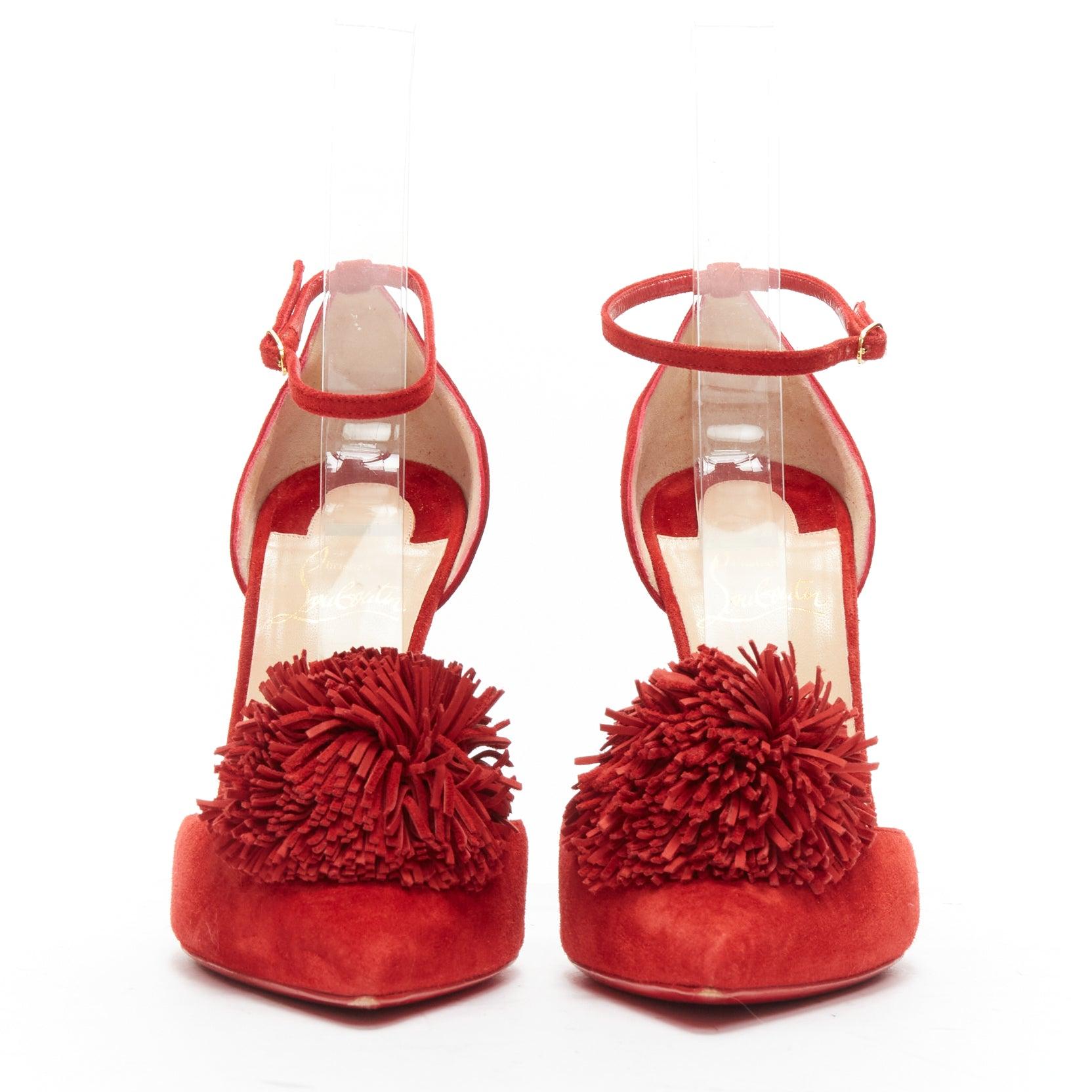 Red CHRISTIAN LOUBOUTIN Tsarou 100 red suede pom pom ankle strap dorsay heels EU37.5 For Sale