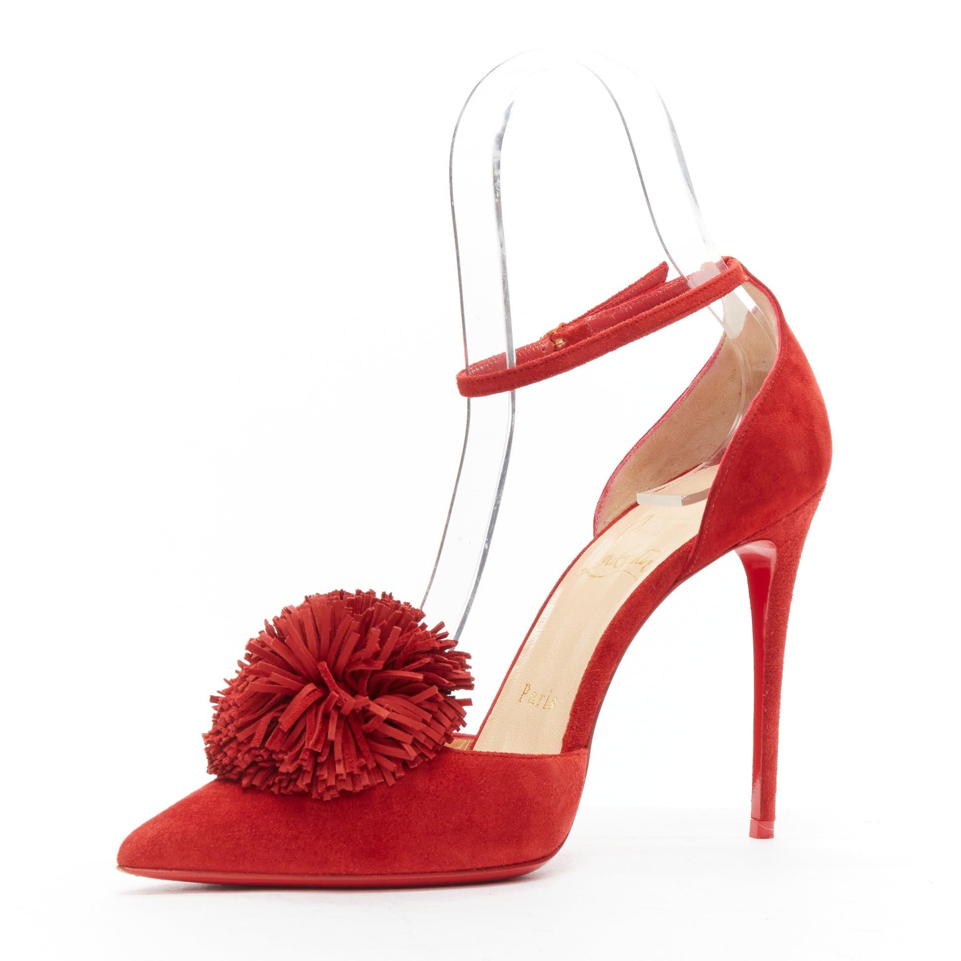 CHRISTIAN LOUBOUTIN Tsarou 100 red suede pom pom ankle strap dorsay heels EU37.5 In Good Condition For Sale In Hong Kong, NT