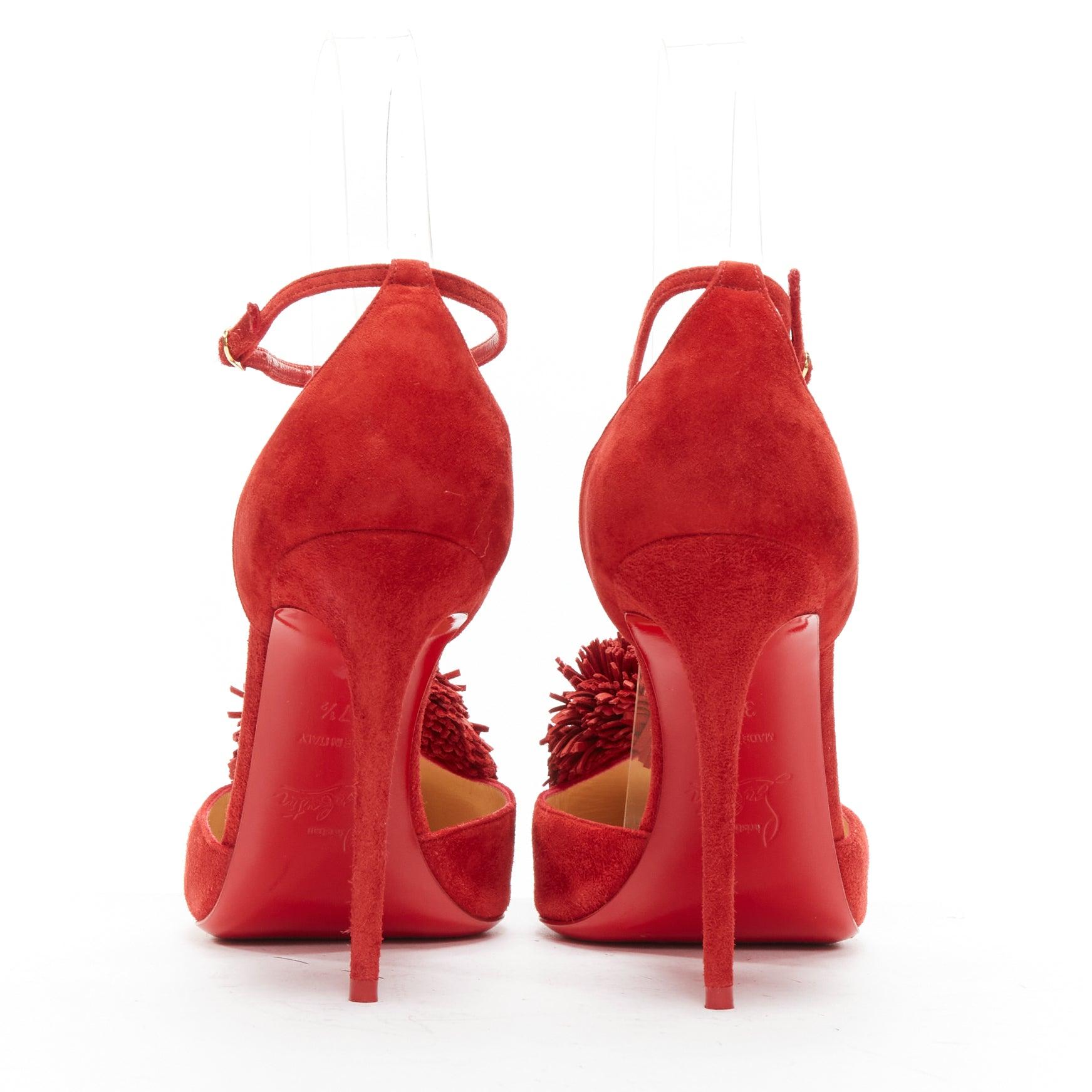 Women's CHRISTIAN LOUBOUTIN Tsarou 100 red suede pom pom ankle strap dorsay heels EU37.5 For Sale