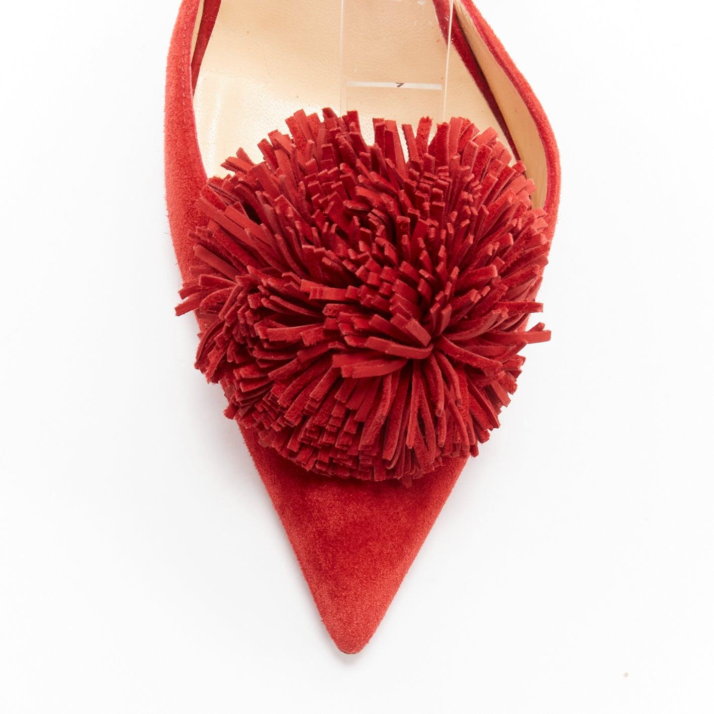 CHRISTIAN LOUBOUTIN Tsarou 100 red suede pom pom ankle strap dorsay heels EU37.5 For Sale 1