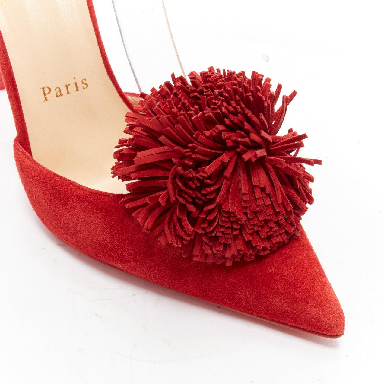 CHRISTIAN LOUBOUTIN Tsarou 100 red suede pom pom ankle strap dorsay heels EU37.5 For Sale 2