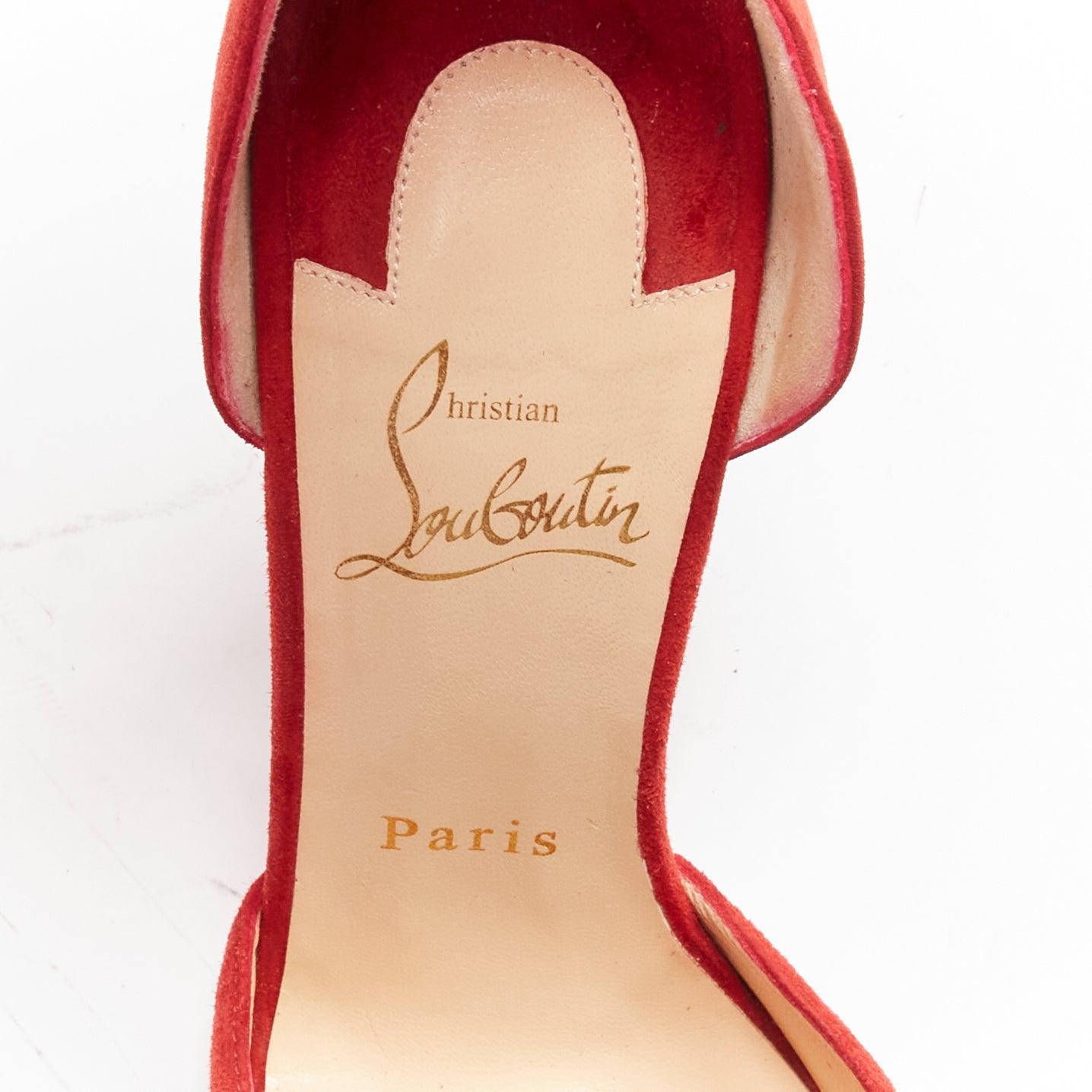 CHRISTIAN LOUBOUTIN Tsarou 100 red suede pom pom ankle strap dorsay heels EU37.5 For Sale 4