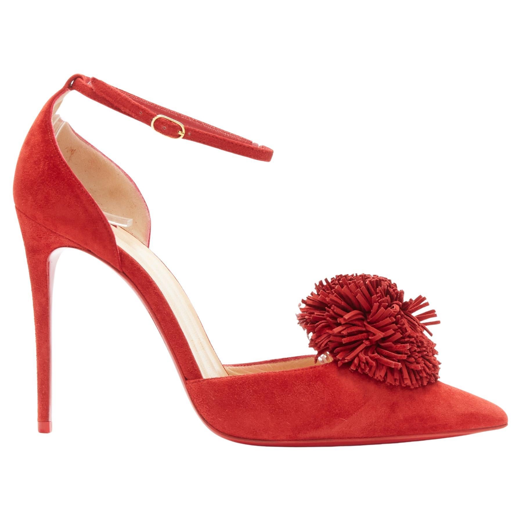 CHRISTIAN LOUBOUTIN Tsarou 100 red suede pom pom ankle strap dorsay heels EU37.5 For Sale