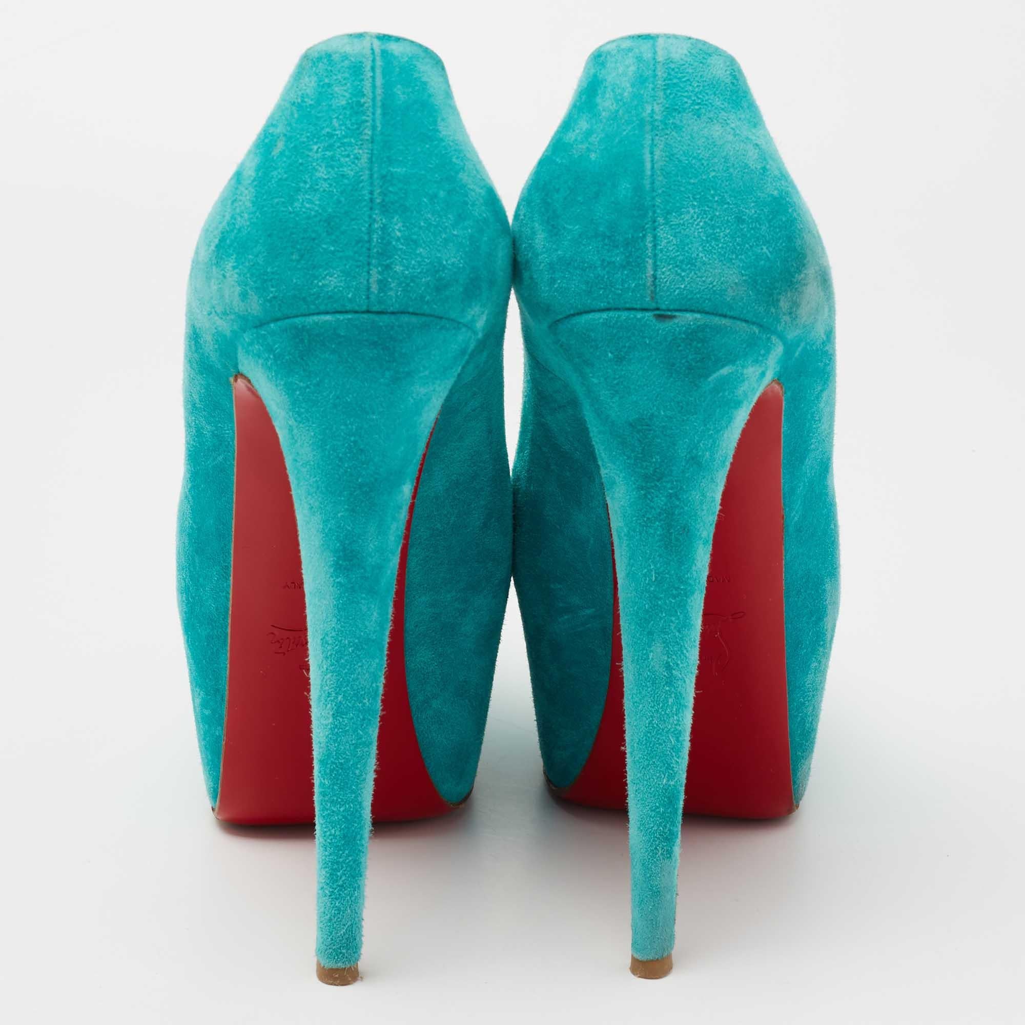 Christian Louboutin Turquoise Blue Suede Daffodile Platform Pumps Size 40 For Sale 1