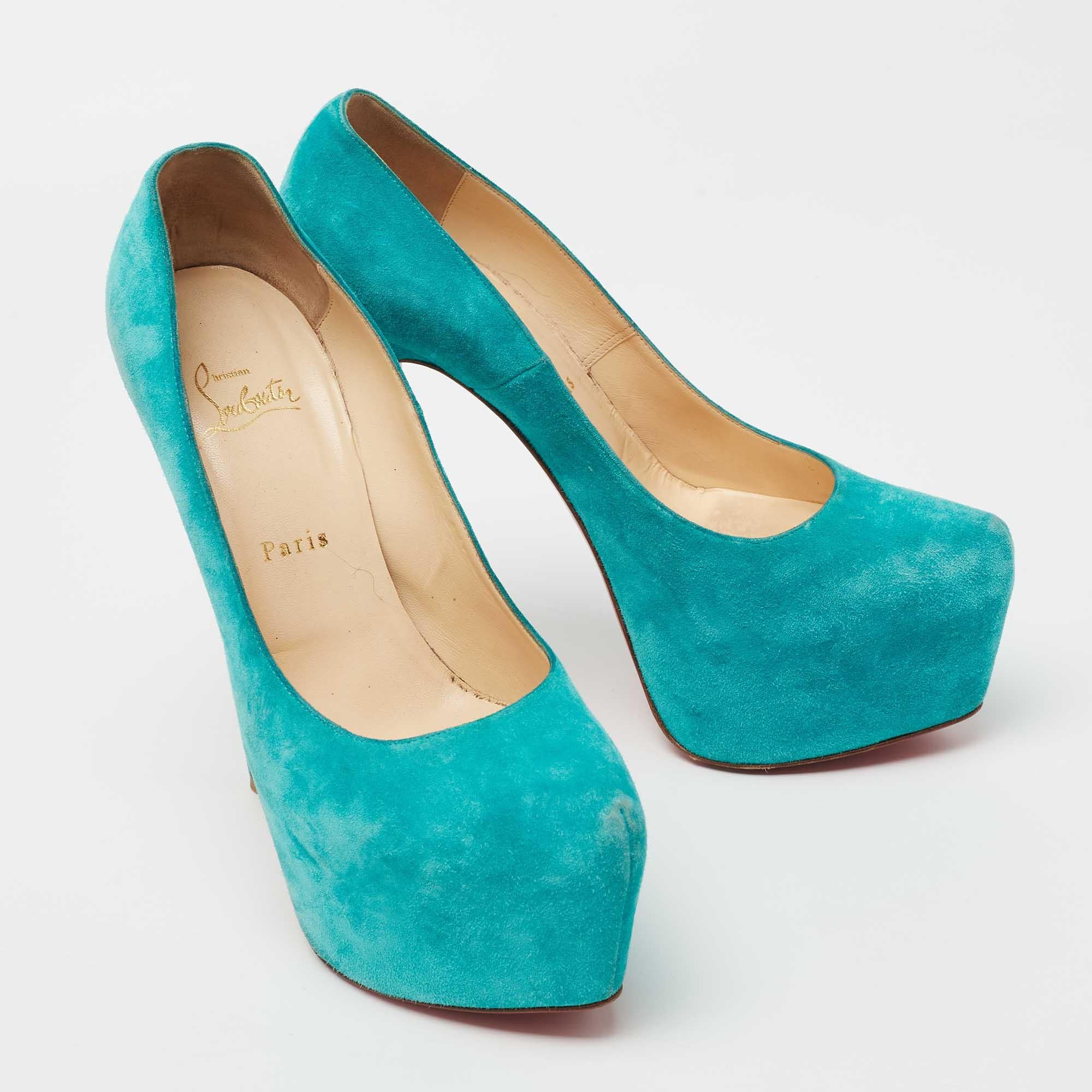 Christian Louboutin Turquoise Blue Suede Daffodile Platform Pumps Size 40 For Sale 2