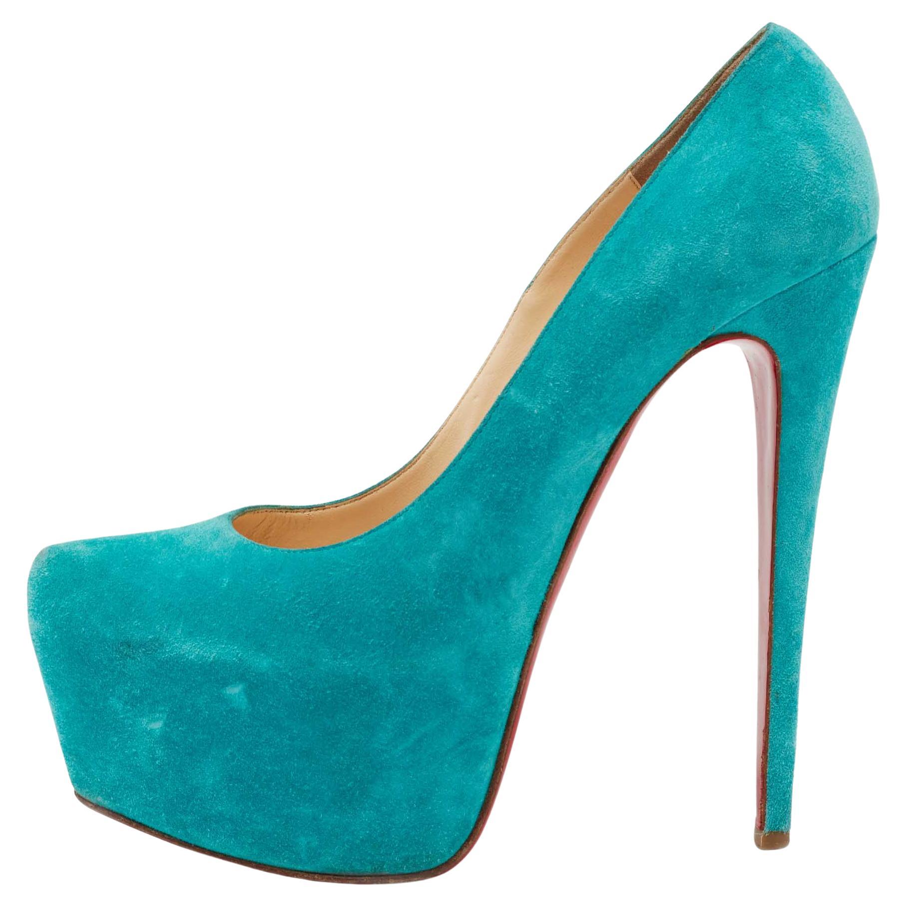 Christian Louboutin Turquoise Blue Suede Daffodile Platform Pumps Size 40 For Sale