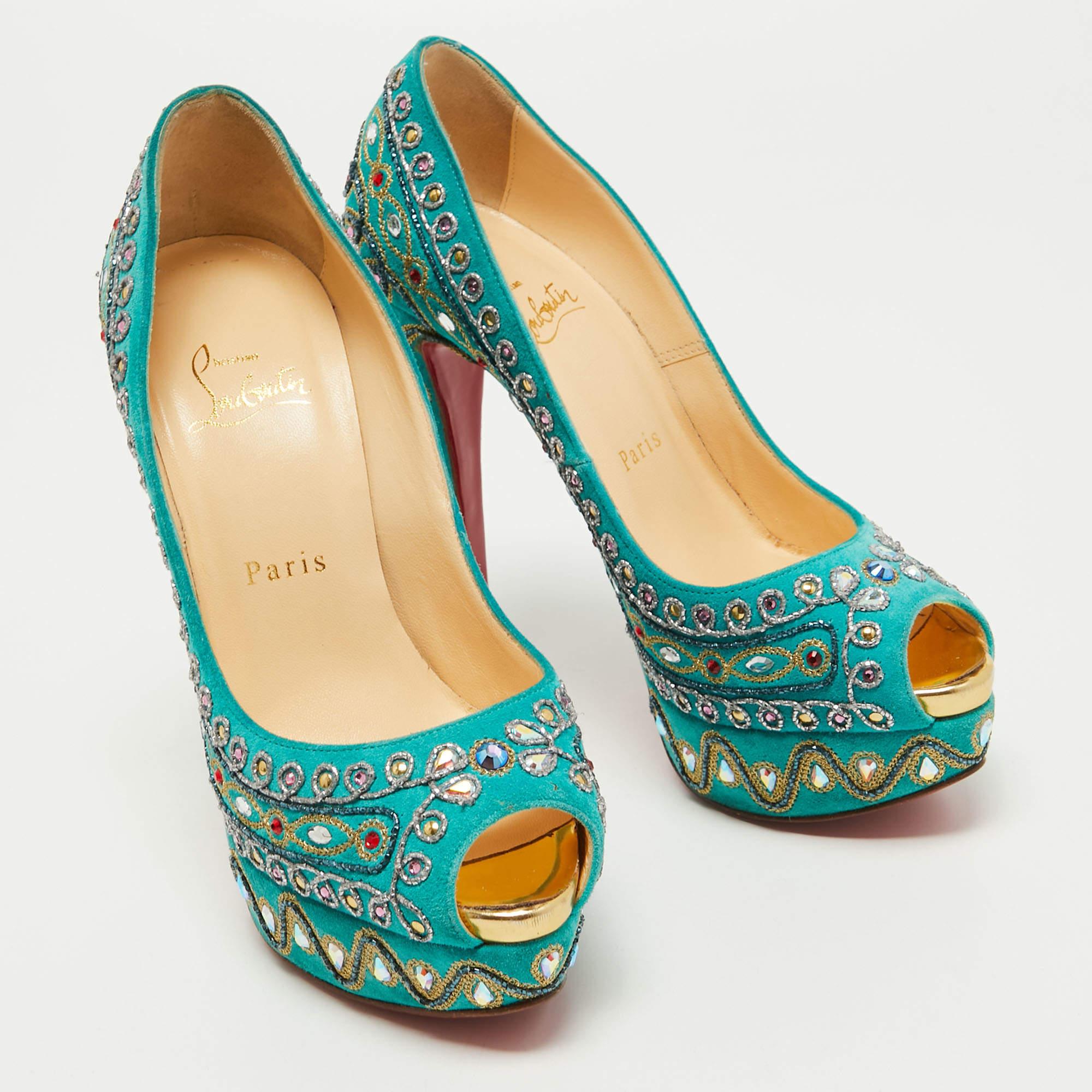 Blue Christian Louboutin Turquoise Embellished Suede Lady Peep Pumps Size 37
