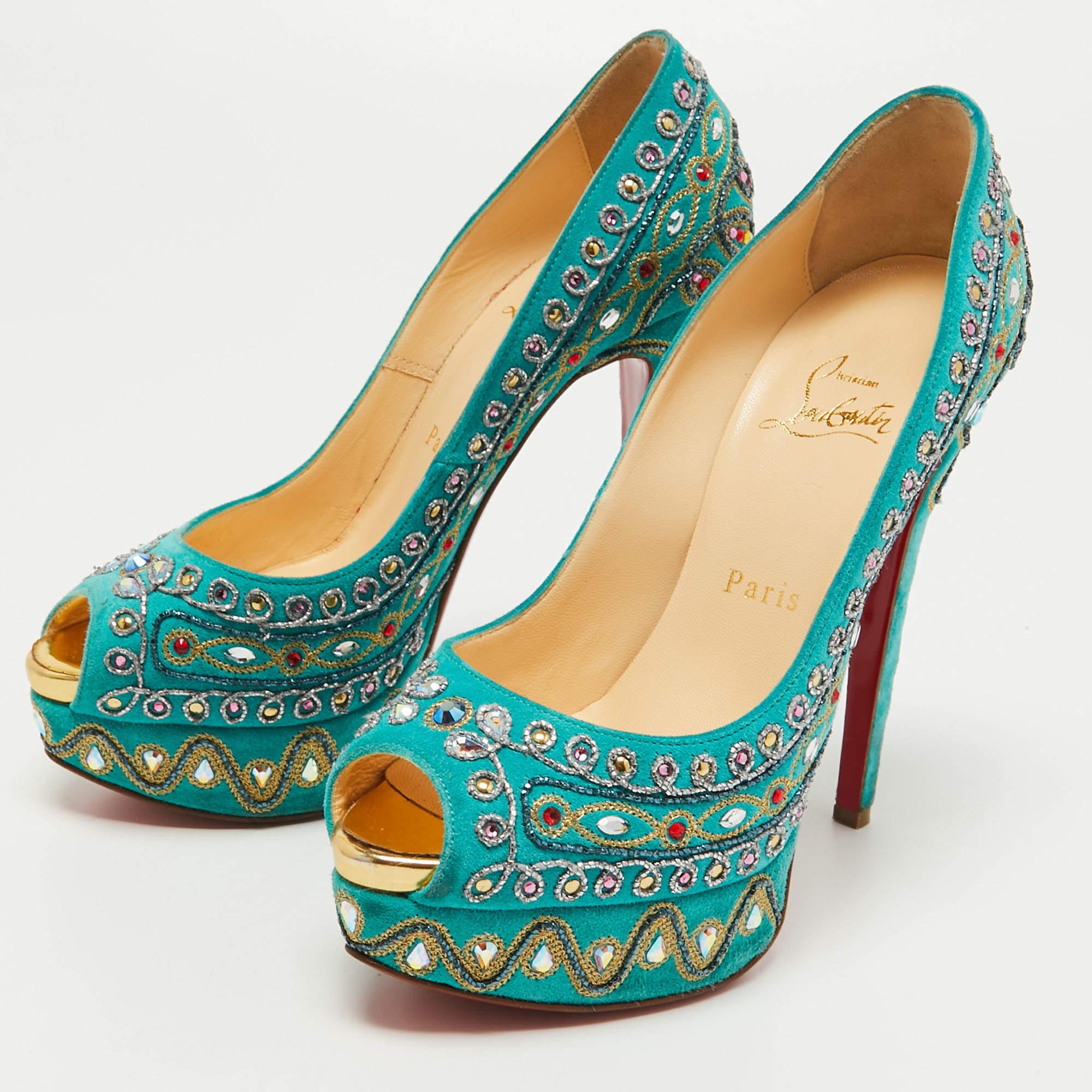 Christian Louboutin Turquoise Embellished Suede Lady Peep Pumps Size 37 In Good Condition In Dubai, Al Qouz 2