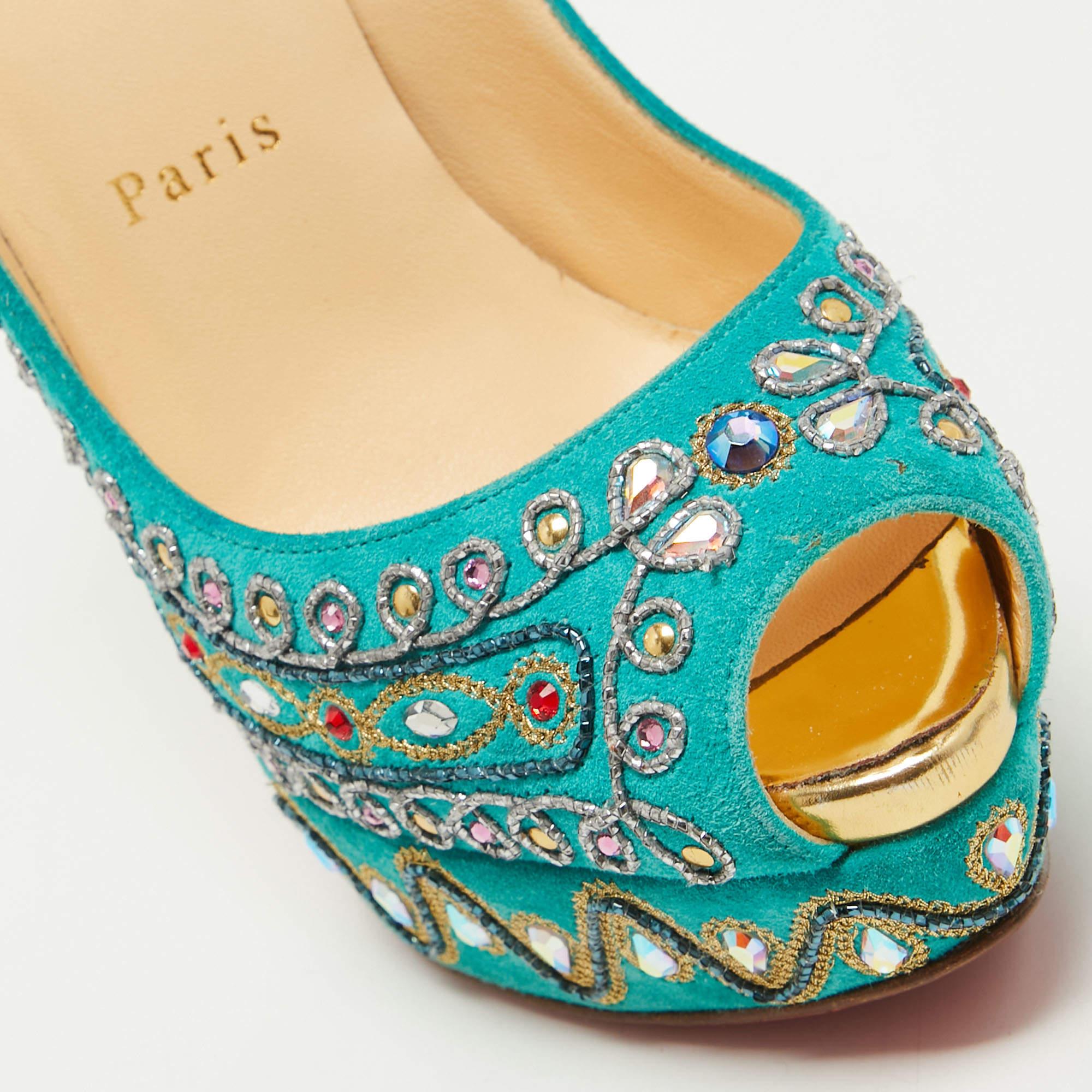Women's Christian Louboutin Turquoise Embellished Suede Lady Peep Pumps Size 37