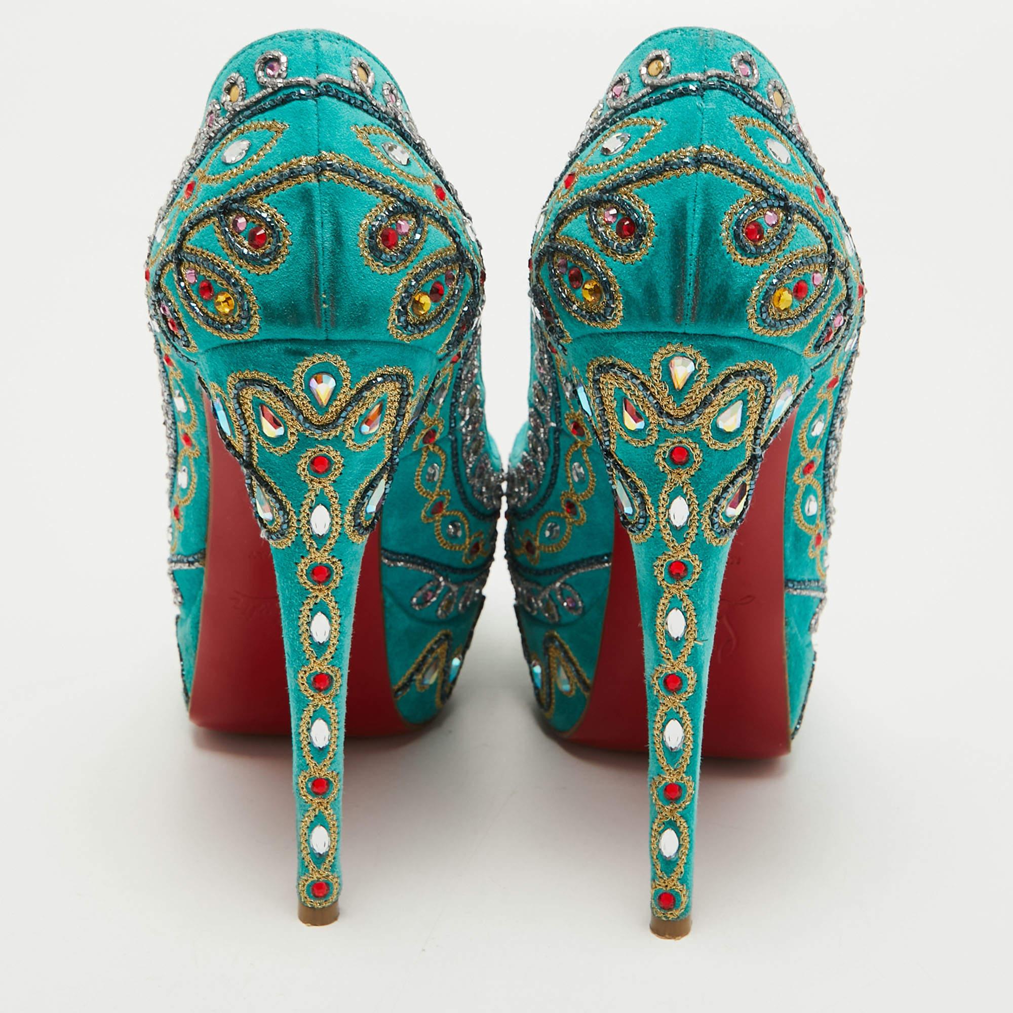 Christian Louboutin Turquoise Embellished Suede Lady Peep Pumps Size 37 1