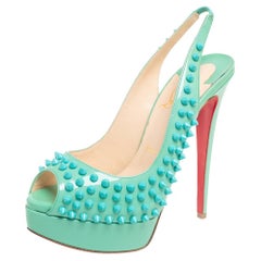 Christian Louboutin Turquoise Lady Peep Spike Platform Slingback Sandals Size 37