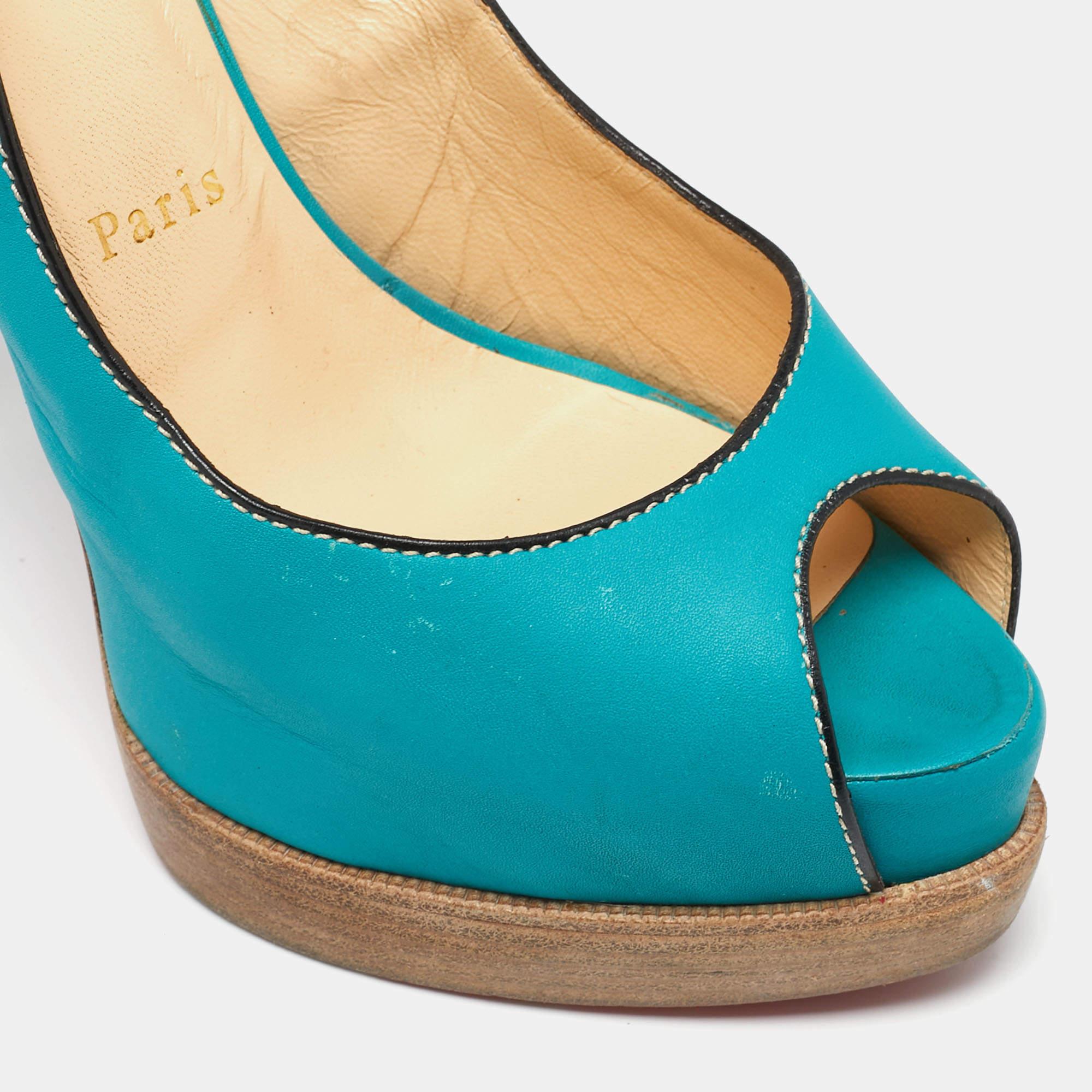 Women's Christian Louboutin Turquoise Leather Peep-Toe Platform Slingback Sandals Size 3 For Sale