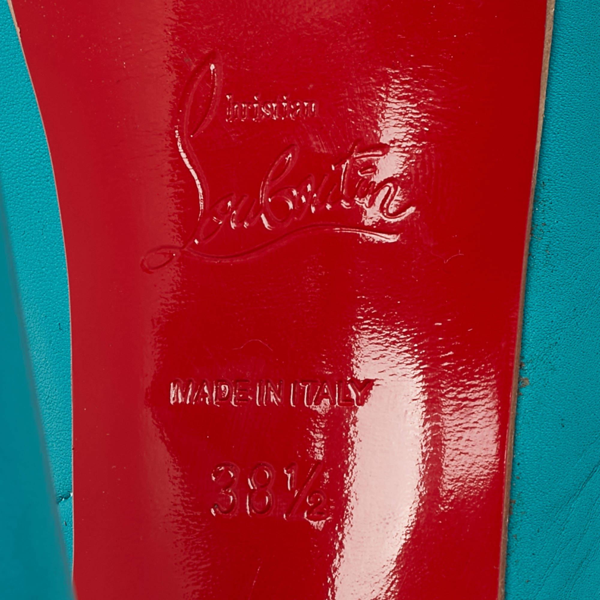 Christian Louboutin Turquoise Leather Peep-Toe Platform Slingback Sandals Size 3 For Sale 1