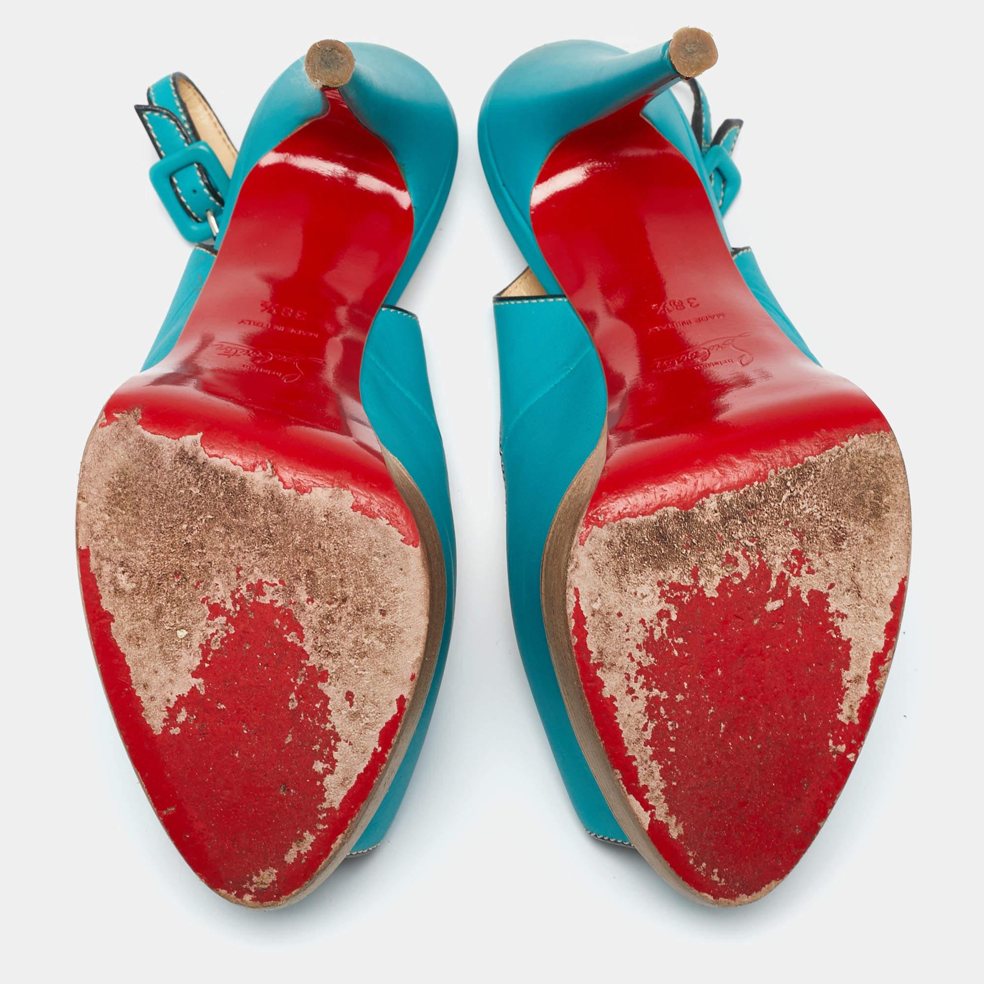 Christian Louboutin Turquoise Leather Peep-Toe Platform Slingback Sandals Size 3 For Sale 2