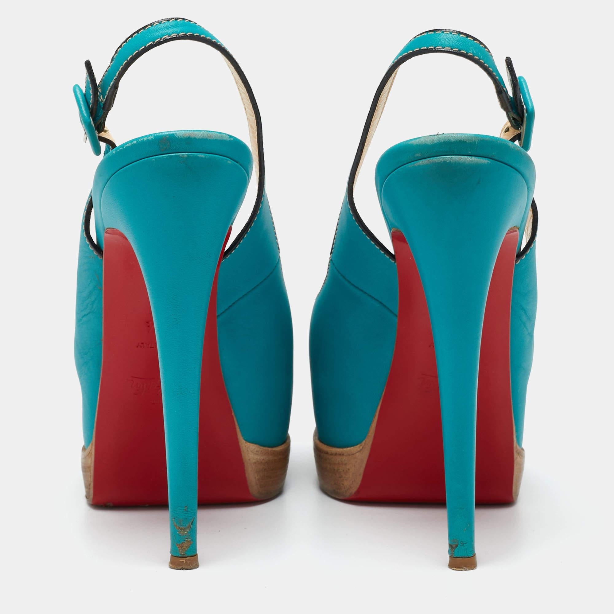 Christian Louboutin Turquoise Leather Peep-Toe Platform Slingback Sandals Size 3 For Sale 3