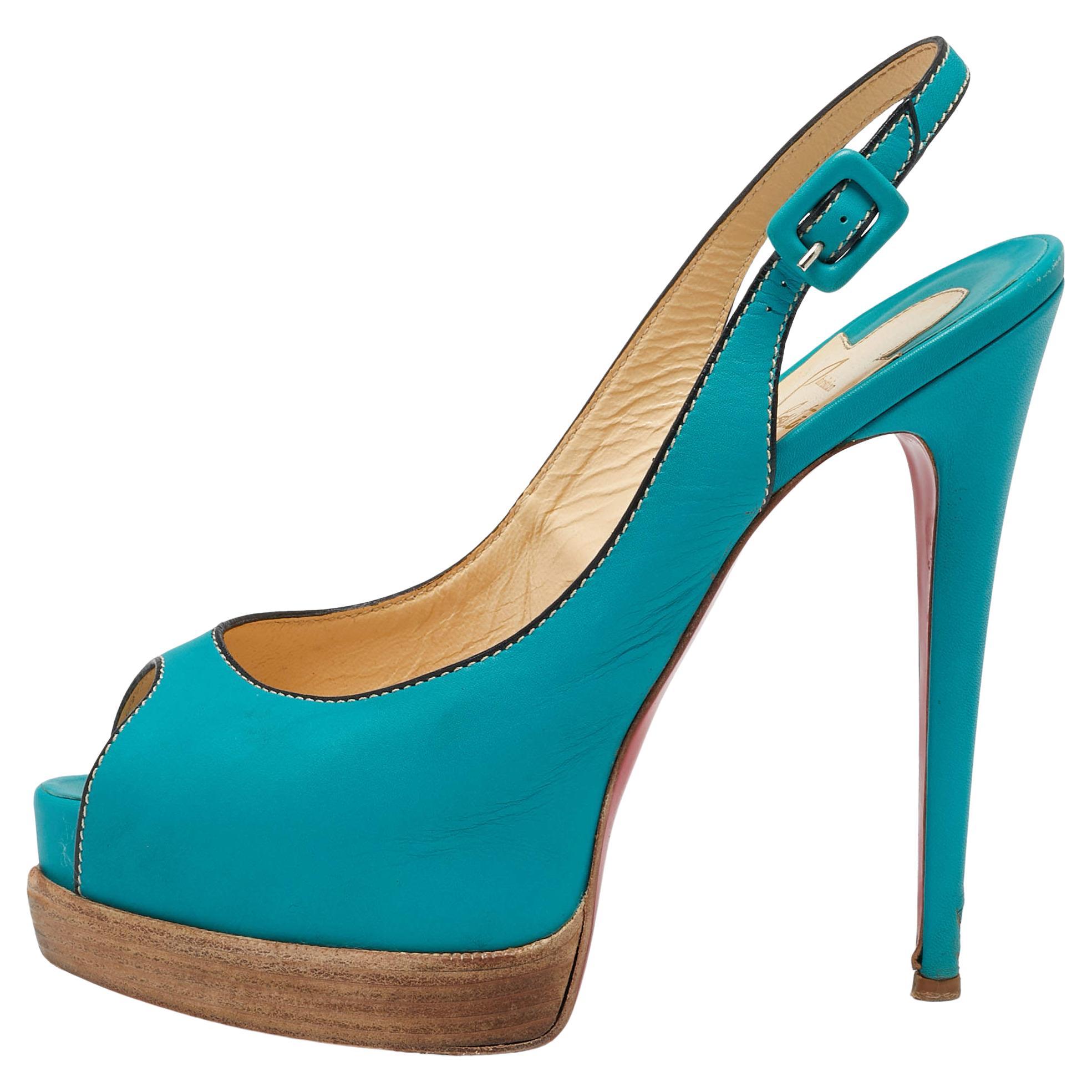 Christian Louboutin Turquoise Leather Peep-Toe Platform Slingback Sandals Size 3 For Sale