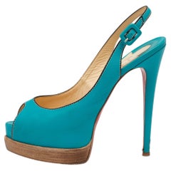 Christian Louboutin Turquoise Leather Peep-Toe Platform Slingback Sandals Size 3
