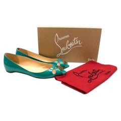 Christian Louboutin Turquoise Open Toe Patent Leather Flats SIZE 39