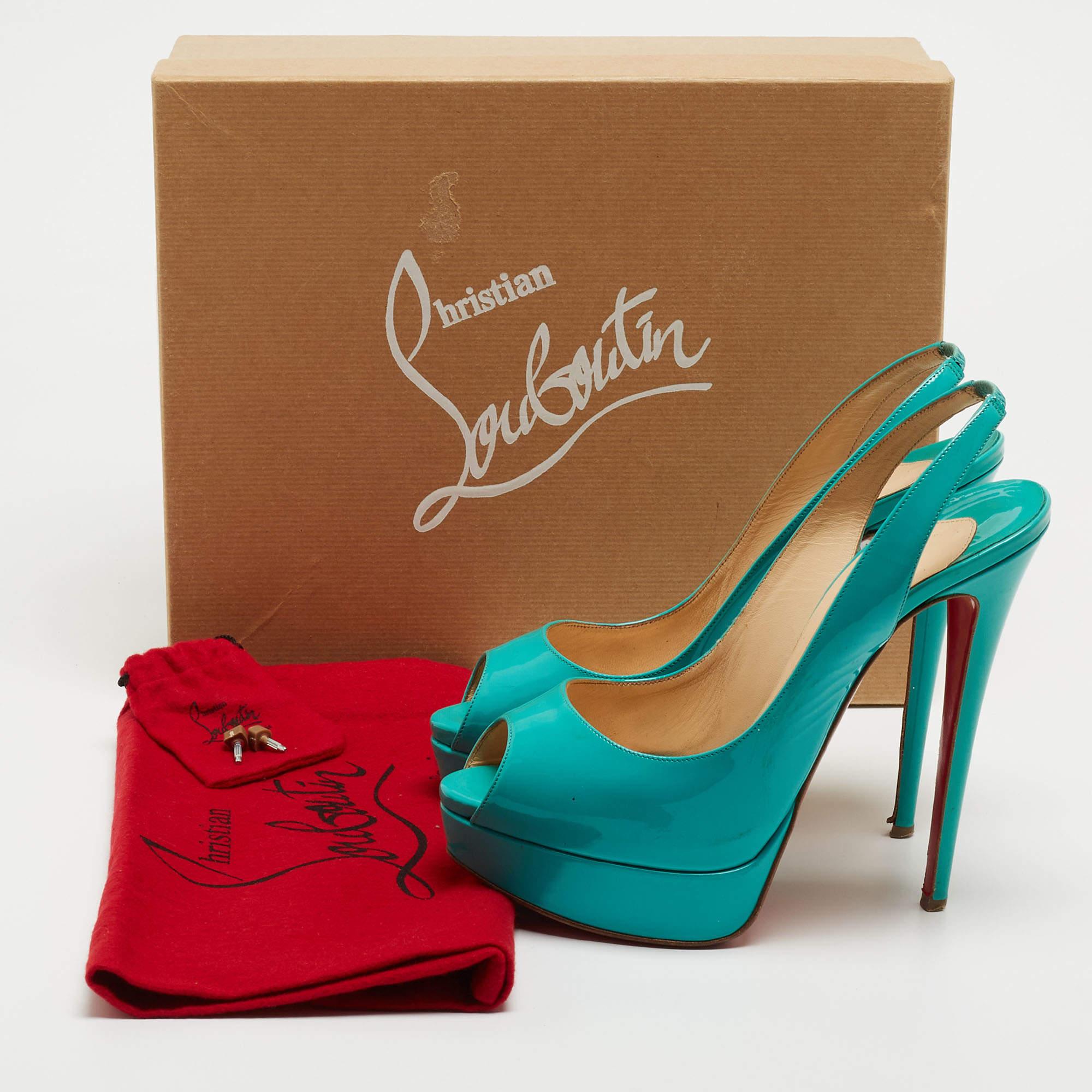 Christian Louboutin Turquoise Patent Leather Lady Peep Sling Pumps Size 39.5 For Sale 6