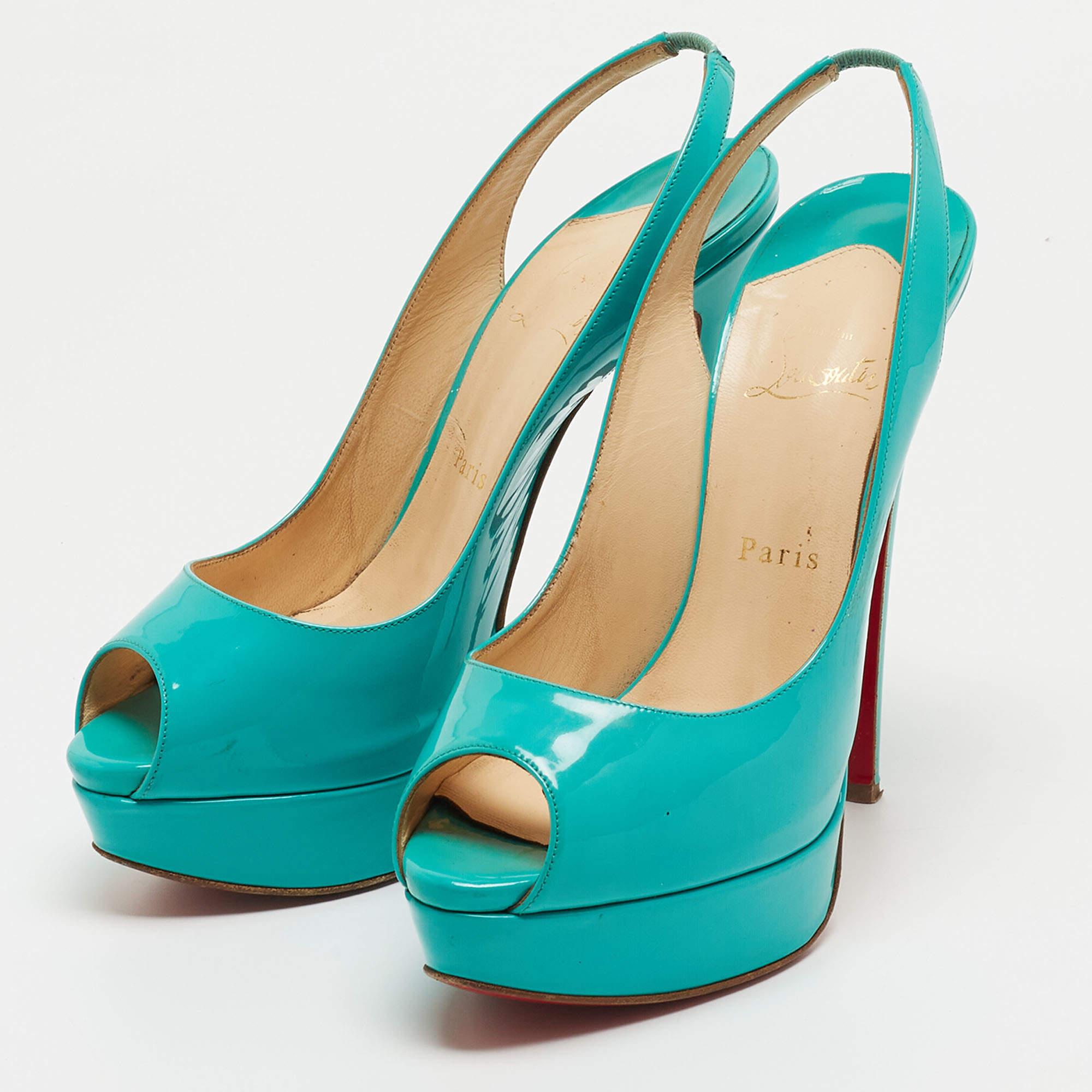 Christian Louboutin Turquoise Patent Leather Lady Peep Sling Pumps Size 39.5 In Fair Condition For Sale In Dubai, Al Qouz 2