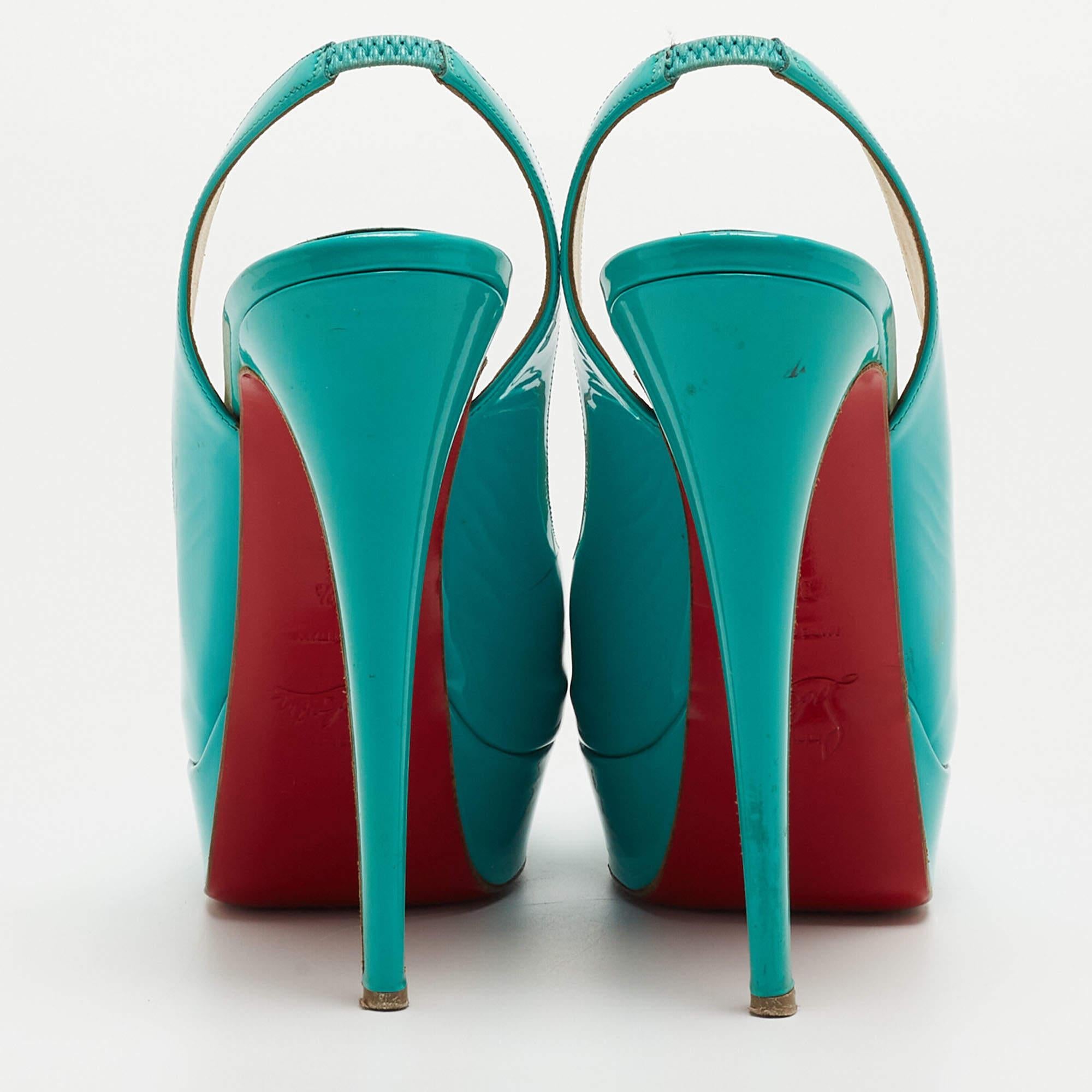 Women's Christian Louboutin Turquoise Patent Leather Lady Peep Sling Pumps Size 39.5 For Sale