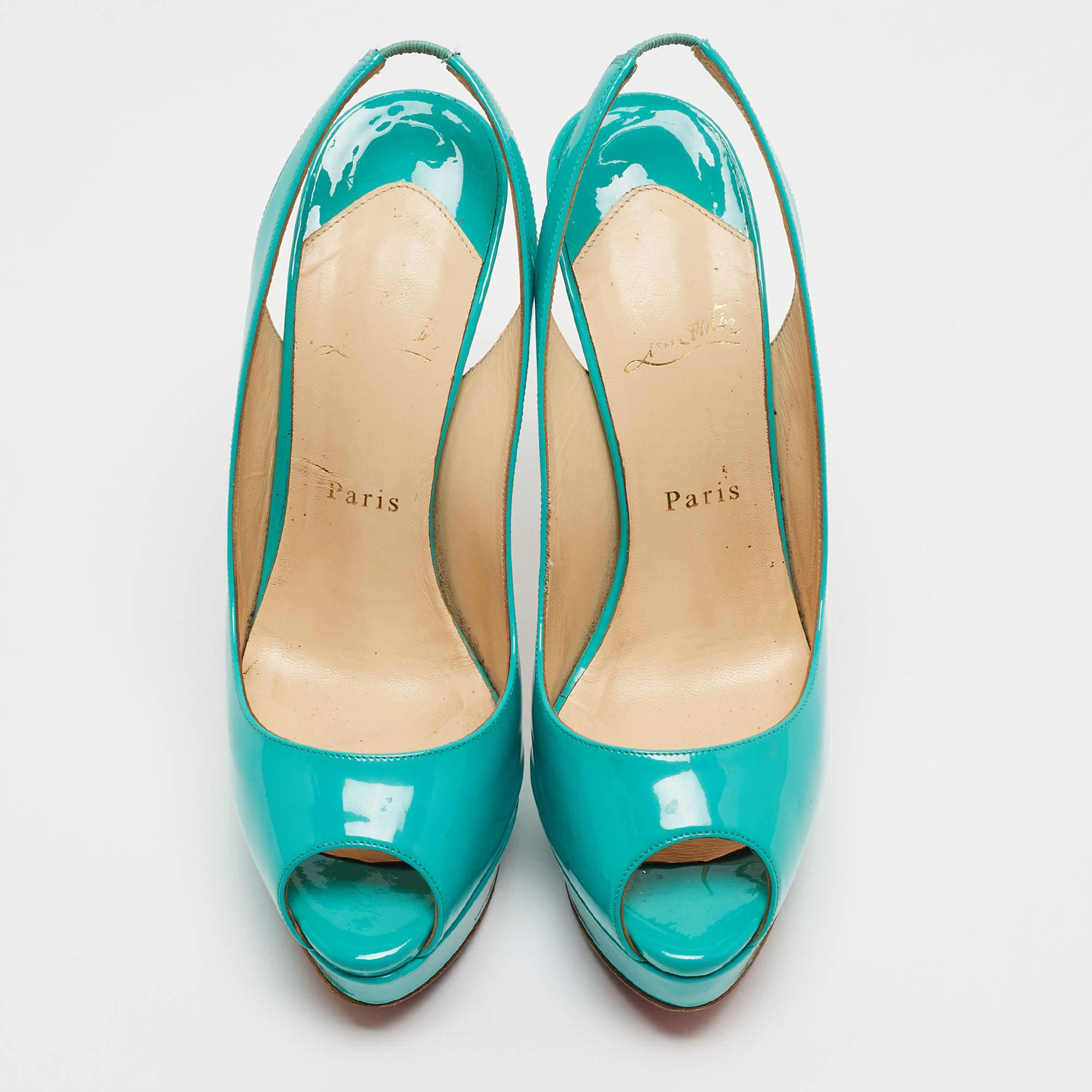 Christian Louboutin Turquoise Patent Leather Lady Peep Sling Pumps Size 39.5 For Sale 1