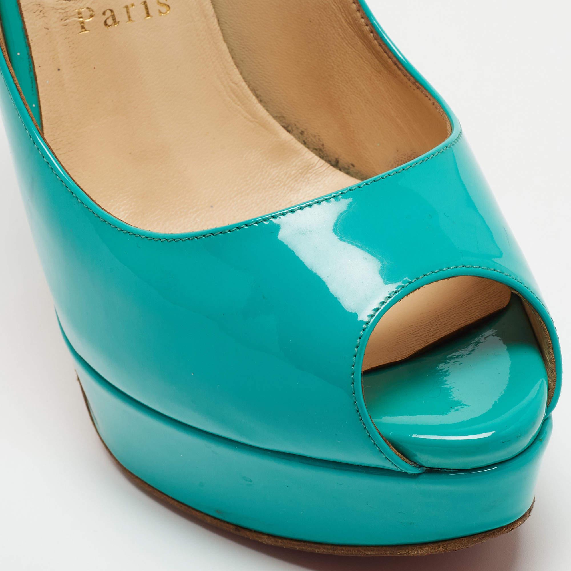 Christian Louboutin Turquoise Patent Leather Lady Peep Sling Pumps Size 39.5 For Sale 4