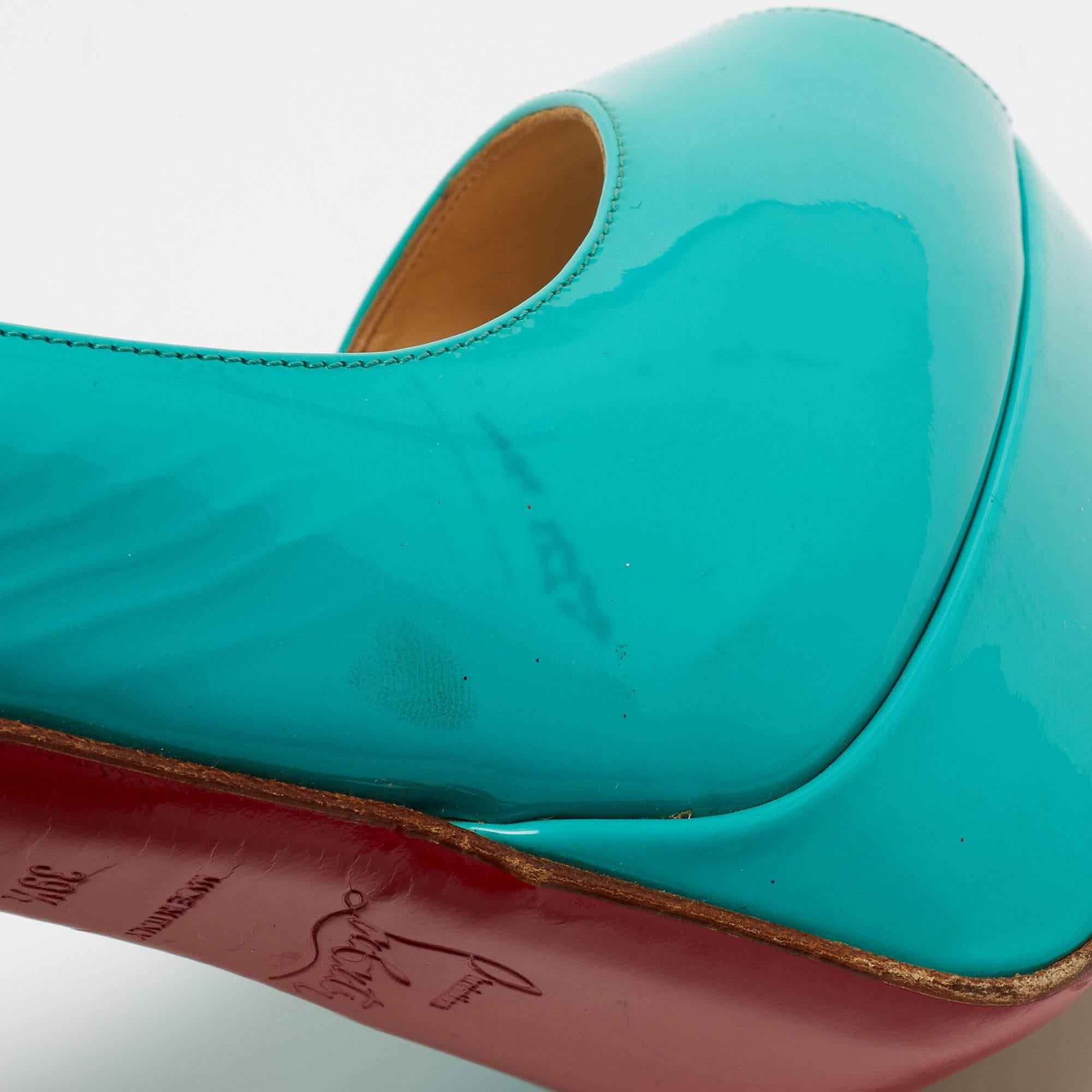 Christian Louboutin Turquoise Patent Leather Lady Peep Sling Pumps Size 39.5 For Sale 5