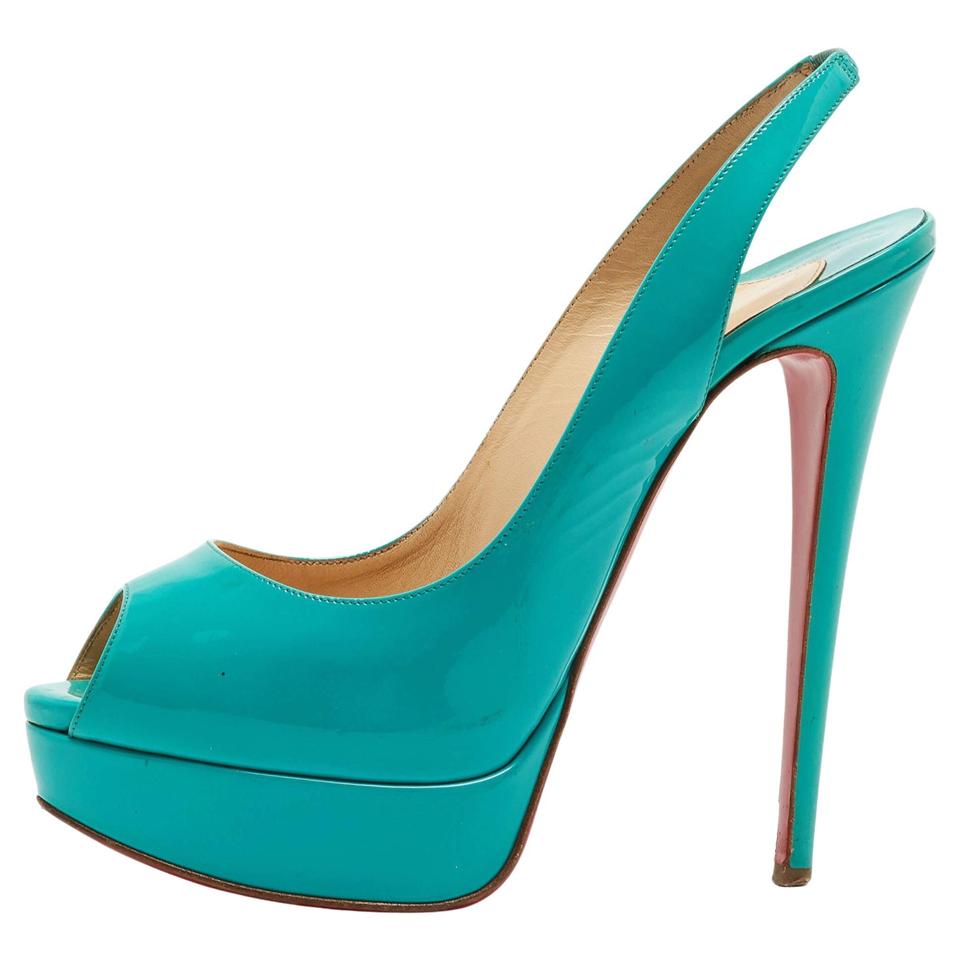 Christian Louboutin Turquoise Patent Leather Lady Peep Sling Pumps Size 39.5 For Sale