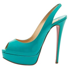 Christian Louboutin Turquoise Patent Leather Lady Peep Sling Pumps Size 39.5