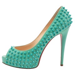 Christian Louboutin Turquoise Patent Leather Very Prive Spikes Peep-Toe Size 41
