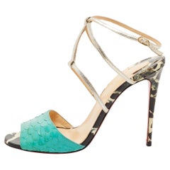 Christian Louboutin Turquoise/Silver Python and Leather Ankle Strap Sandals Size