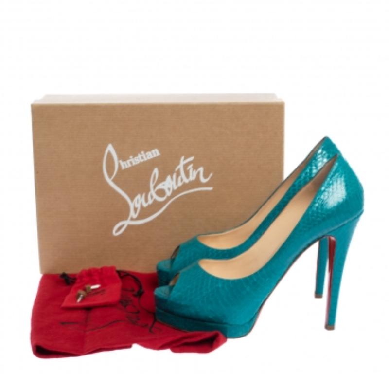 Christian Louboutin Turquoise Snakeskin Lady Peep Toe Platform Pumps Size 39 For Sale 5
