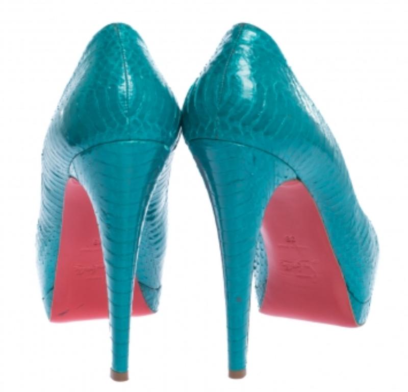Blue Christian Louboutin Turquoise Snakeskin Lady Peep Toe Platform Pumps Size 39 For Sale