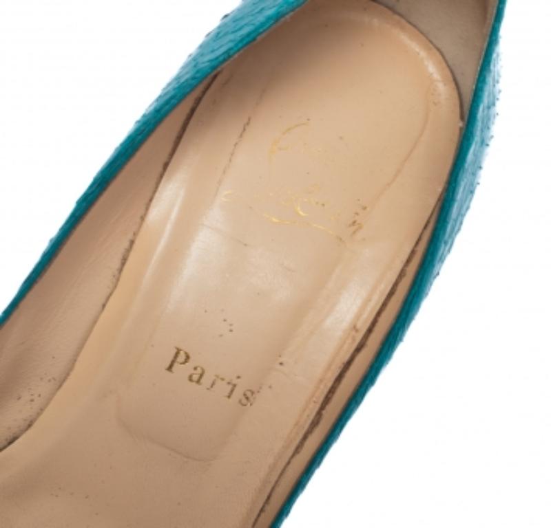 Christian Louboutin Turquoise Snakeskin Lady Peep Toe Platform Pumps Size 39 For Sale 1