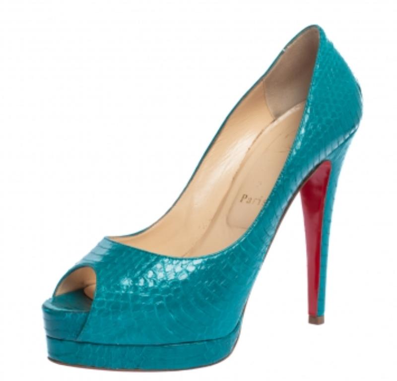 Christian Louboutin Turquoise Snakeskin Lady Peep Toe Platform Pumps Size 39 For Sale 3