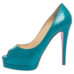 Christian Louboutin Turquoise Snakeskin Lady Peep Toe Platform Pumps Size 39
