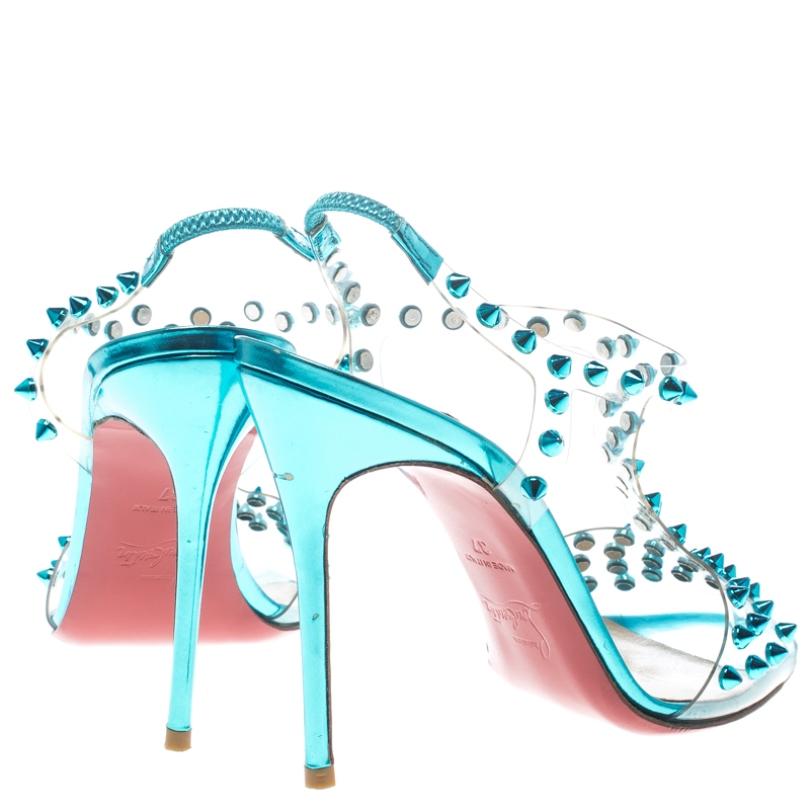 Gray Christian Louboutin Turquoise Spiked PVC J-Lissimo T Strap Sandals Size 37