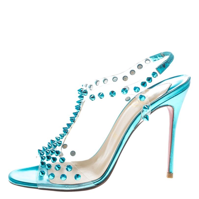 Women's Christian Louboutin Turquoise Spiked PVC J-Lissimo T Strap Sandals Size 37