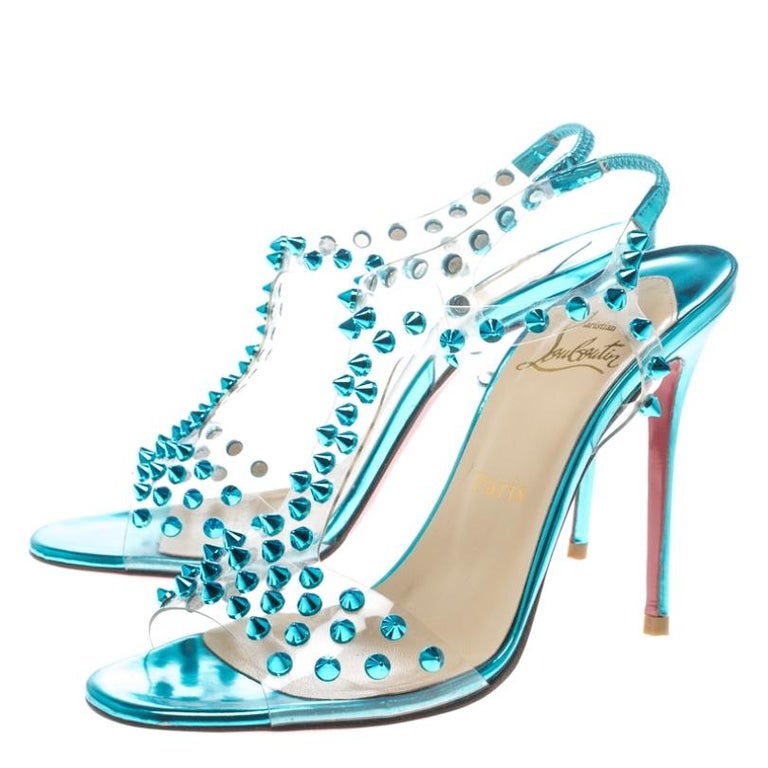 Christian Louboutin Turquoise Spiked PVC J-Lissimo T Strap Sandals Size ...