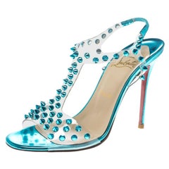 Christian Louboutin Turquoise Spiked PVC J-Lissimo T Strap Sandals Size 37