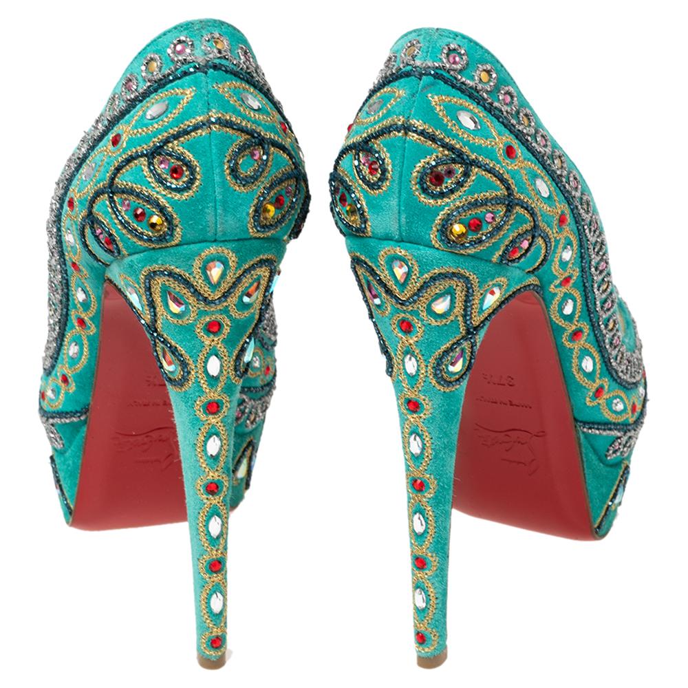 Beige Christian Louboutin Turchese Camoscio Cristallo Peep Toe Piattaforma Pompe Taglia 37,5