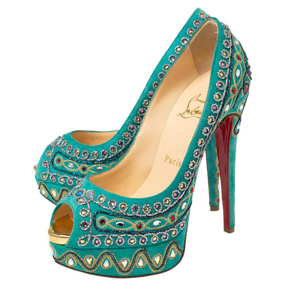 Women's Christian Louboutin Turquoise Suede Crystal Peep Toe Platform Pumps Size 37.5 For Sale