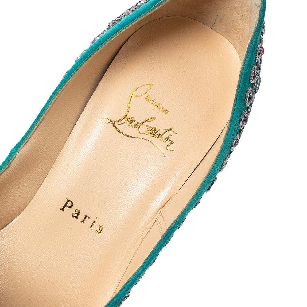 Christian Louboutin Turquoise Suede Crystal Peep Toe Platform Pumps Size 37.5 For Sale 1