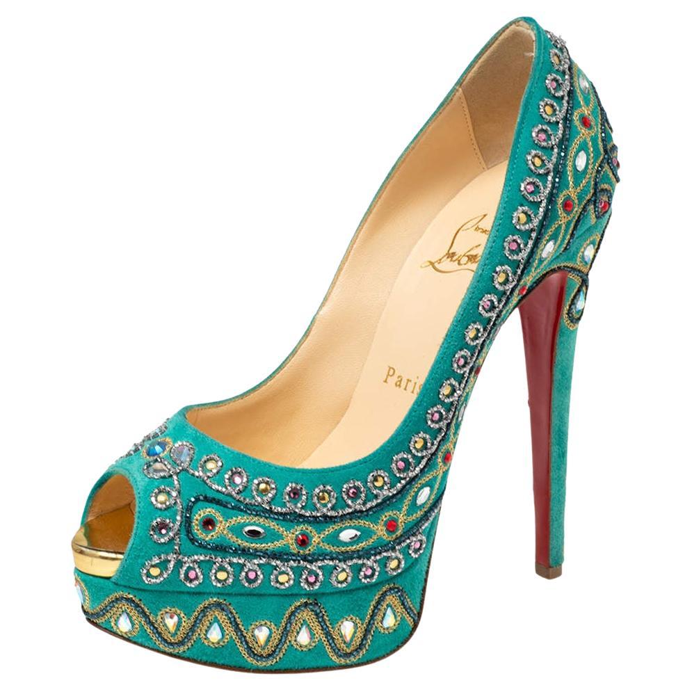 Christian Louboutin Turquoise Suede Crystal Peep Toe Platform Pumps Size 37.5 For Sale