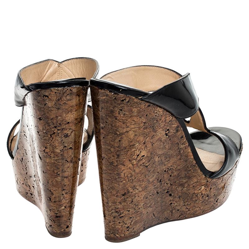 Black Christian Louboutin Twist Patent Leather Cork Platform Wedge Sandals Size 39.5
