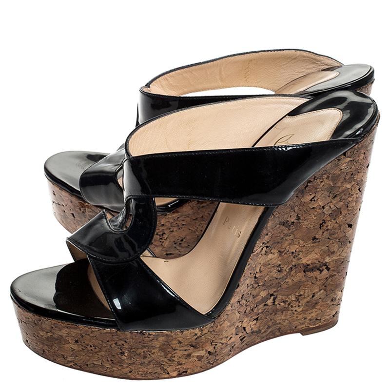 Women's Christian Louboutin Twist Patent Leather Cork Platform Wedge Sandals Size 39.5